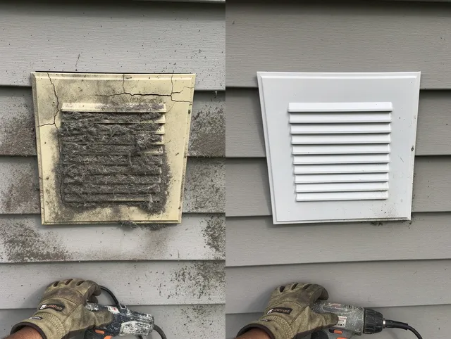 Willimantic Dryer Vent Cleaning technician installing high-quality dryer vent cover at a residential property in Willimantic